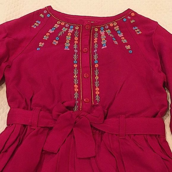 Pink Long Sleeve Button Front Dress w Embroidered Flower Detail and Belted Waist - Picture 4 of 16